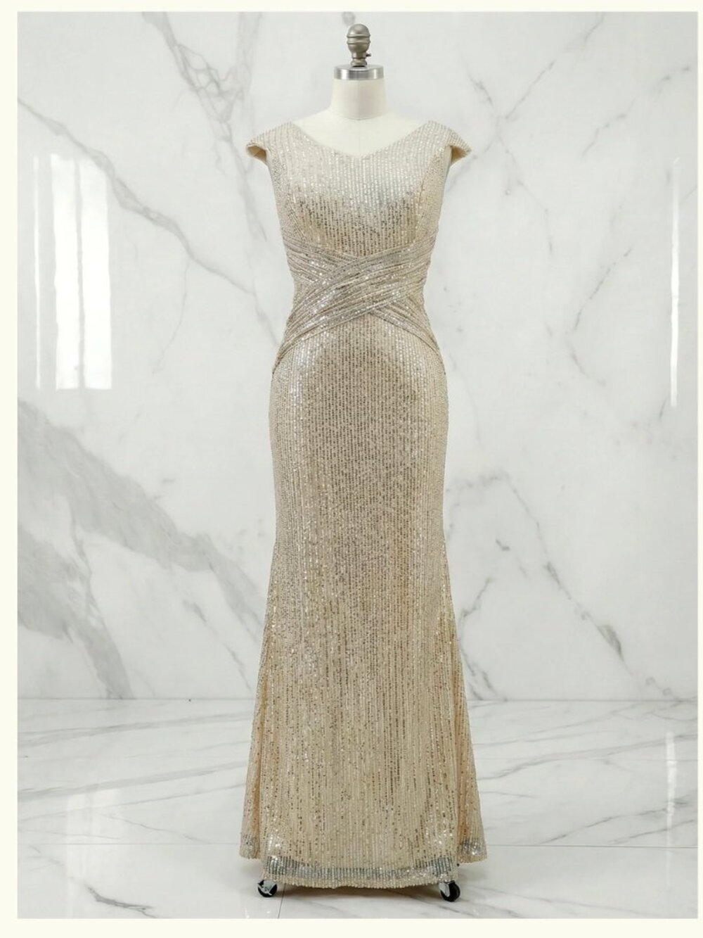 DreamyLily Women Golden Champagne Sequin Sleeveless Long A-line Gown Dress - Picture 2 of 10